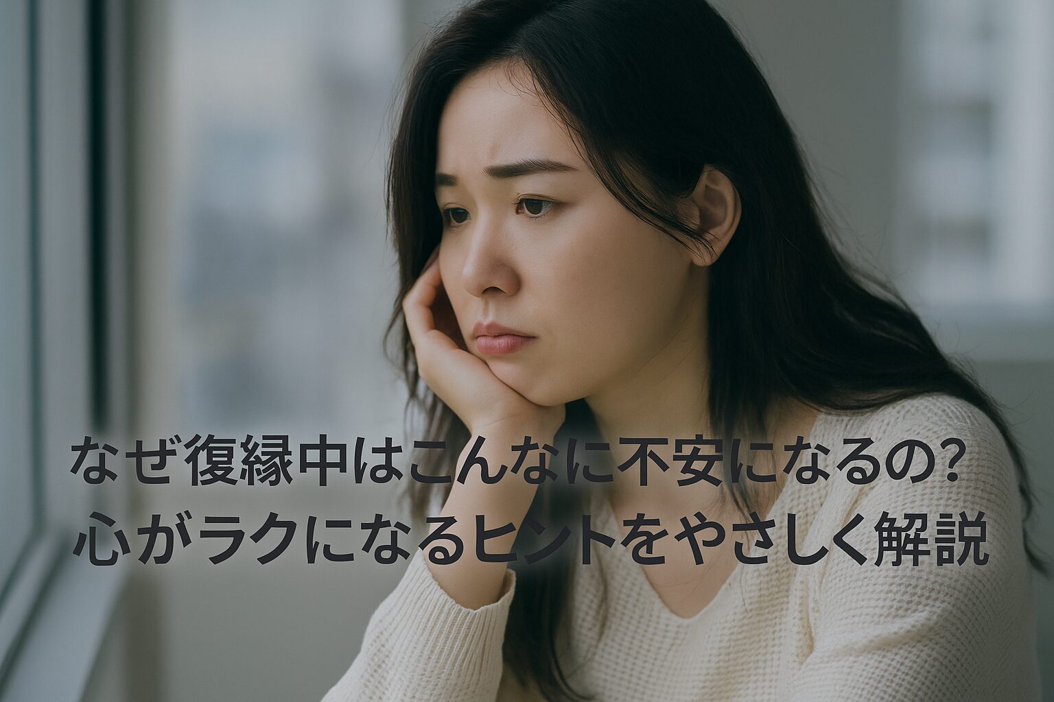 復縁中の不安に悩む女性が窓辺で物思いにふけっている様子。“なぜ復縁中はこんなに不安になるの？”というテキストが中央に表示されたアイキャッチ画像