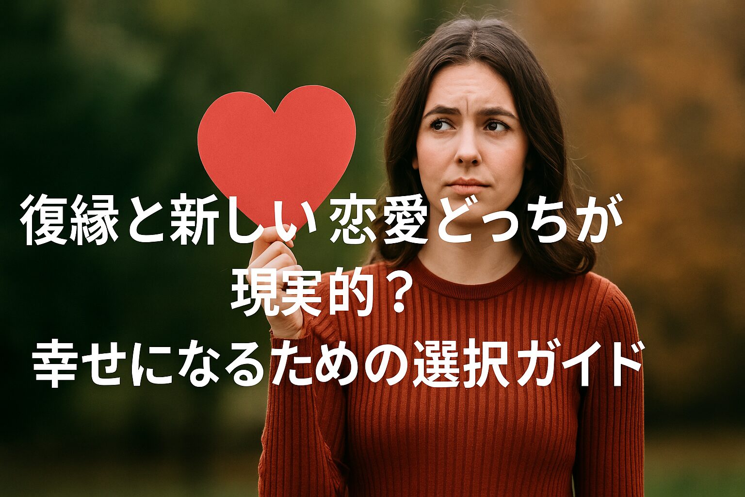 赤いハート型の紙を手に持ち、考え込む表情を浮かべる女性。背景は緑と茶色が混じるぼかした自然の景色。中央には『復縁と新しい恋愛どっちが現実的？ 幸せになるための選択ガイド』という白いテキストが配置されている。