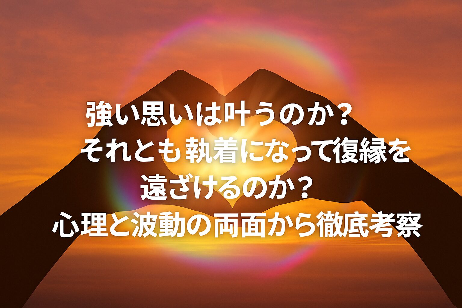 夕日の中で二人の手がハート型を作り、その中心に光が差し込んでいる。 画面中央に「強い思いは叶うのか？ それとも執着になって復縁を遠ざけるのか？ 心理と波動の両面から徹底考察」という白い文字が重なっている温かい印象の画像。