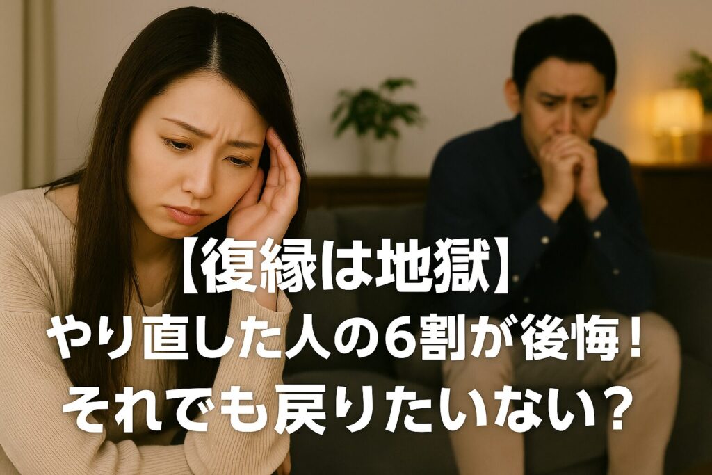 悩んだ表情でうつむく女性と、後ろで不安そうに手を組む男性。関係に悩むカップルの姿を通して「復縁の後悔」をテーマにしたシーン。テキストには「復縁は地獄　やり直した人の6割が後悔！それでも戻りたいない？」と書かれている。