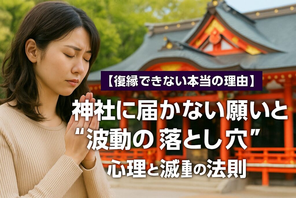 神社の前で手を合わせて真剣に祈る女性の姿。復縁を願う気持ちと、波動のズレをテーマにした記事タイトルが重ねられたイメージ写真。