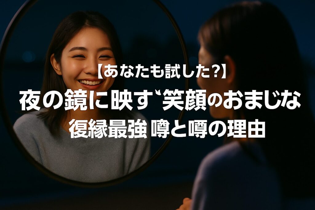夜の鏡に映る自分へ微笑む女性が写っており、笑顔のおまじないが復縁に効果的だと紹介するアイキャッチ画像