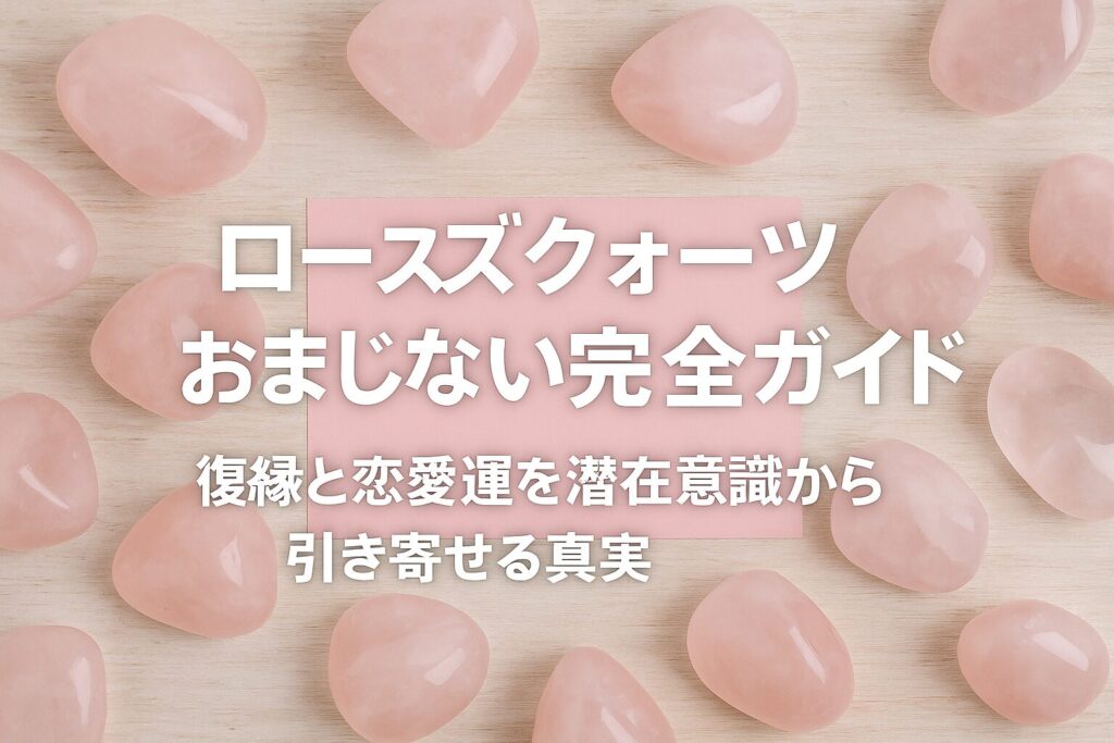 ローズクォーツを使った恋愛おまじないを紹介する日本語タイトル画像。背景に淡い木目のテーブルとピンクのパワーストーンが並び、中央に『ローズクォーツおまじない完全ガイド 復縁と恋愛運を潜在意識から引き寄せる真実』というテキストが表示されている。