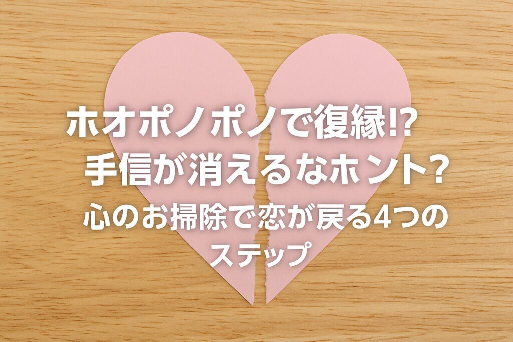 木製のテーブルの上に置かれたピンク色の破れたハートの紙。中央にはホオポノポノで復縁をテーマにしたタイトルが白文字で表示されている。