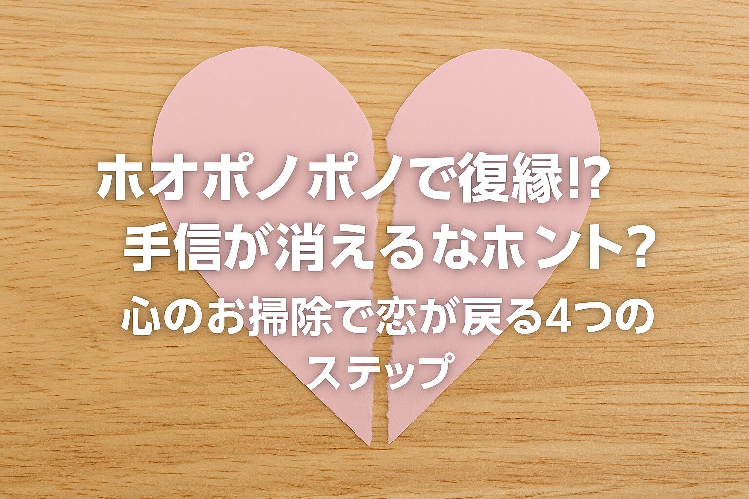 木製のテーブルの上に置かれたピンク色の破れたハートの紙。中央にはホオポノポノで復縁をテーマにしたタイトルが白文字で表示されている。