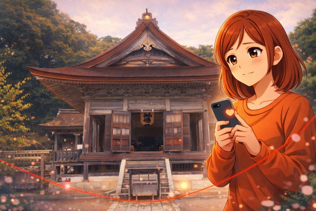 神社の拝殿を背景に、スマホのハート通知を見る女の子のイラスト