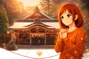 神社の拝殿を背景に、手を合わせて願う女の子のイラスト（恋愛運アップ・復縁祈願のイメージ）