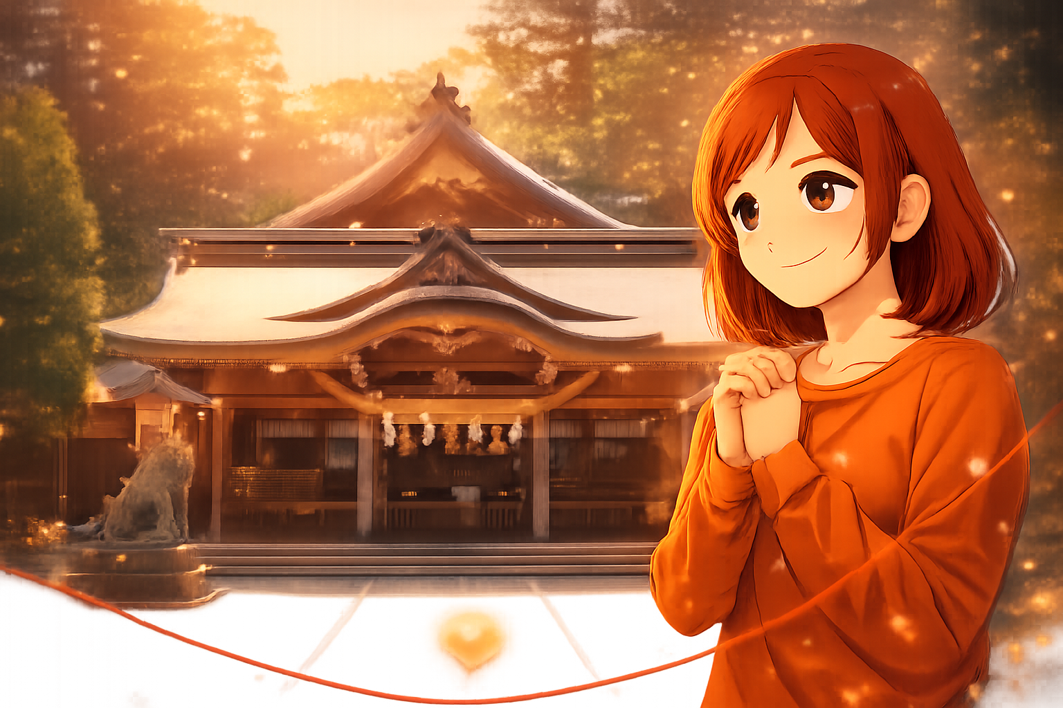 神社の拝殿を背景に、手を合わせて願う女の子のイラスト(恋愛運アップ・復縁祈願のイメージ)