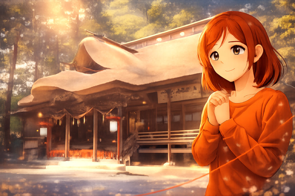 冬の神社の境内で、祈るポーズの女の子が写る恋愛運アップ風ビジュアル