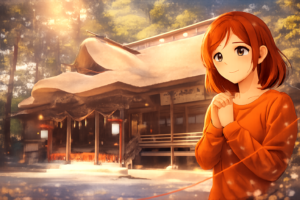 冬の神社の境内で、祈るポーズの女の子が写る恋愛運アップ風ビジュアル