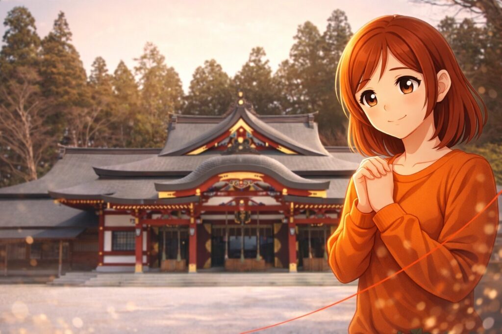 神社参拝の風景と、祈るポーズの女の子が写るアイキャッチ画像