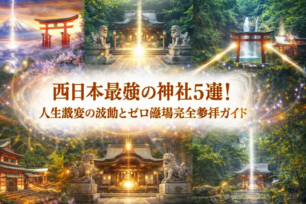西日本の最強神社をイメージしたアイキャッチ画像。鳥居や社殿、森と滝に光のエネルギーが広がり、人生激変やゼロ磁場の波動を表現している。