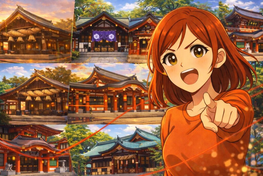 アニメ風の女性キャラクターが指をさし、東日本の有名神社7社が背景に並ぶ運命転換をイメージしたイラスト