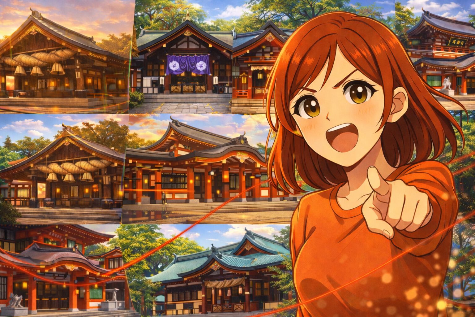 アニメ風の女性キャラクターが指をさし、東日本の有名神社7社が背景に並ぶ運命転換をイメージしたイラスト