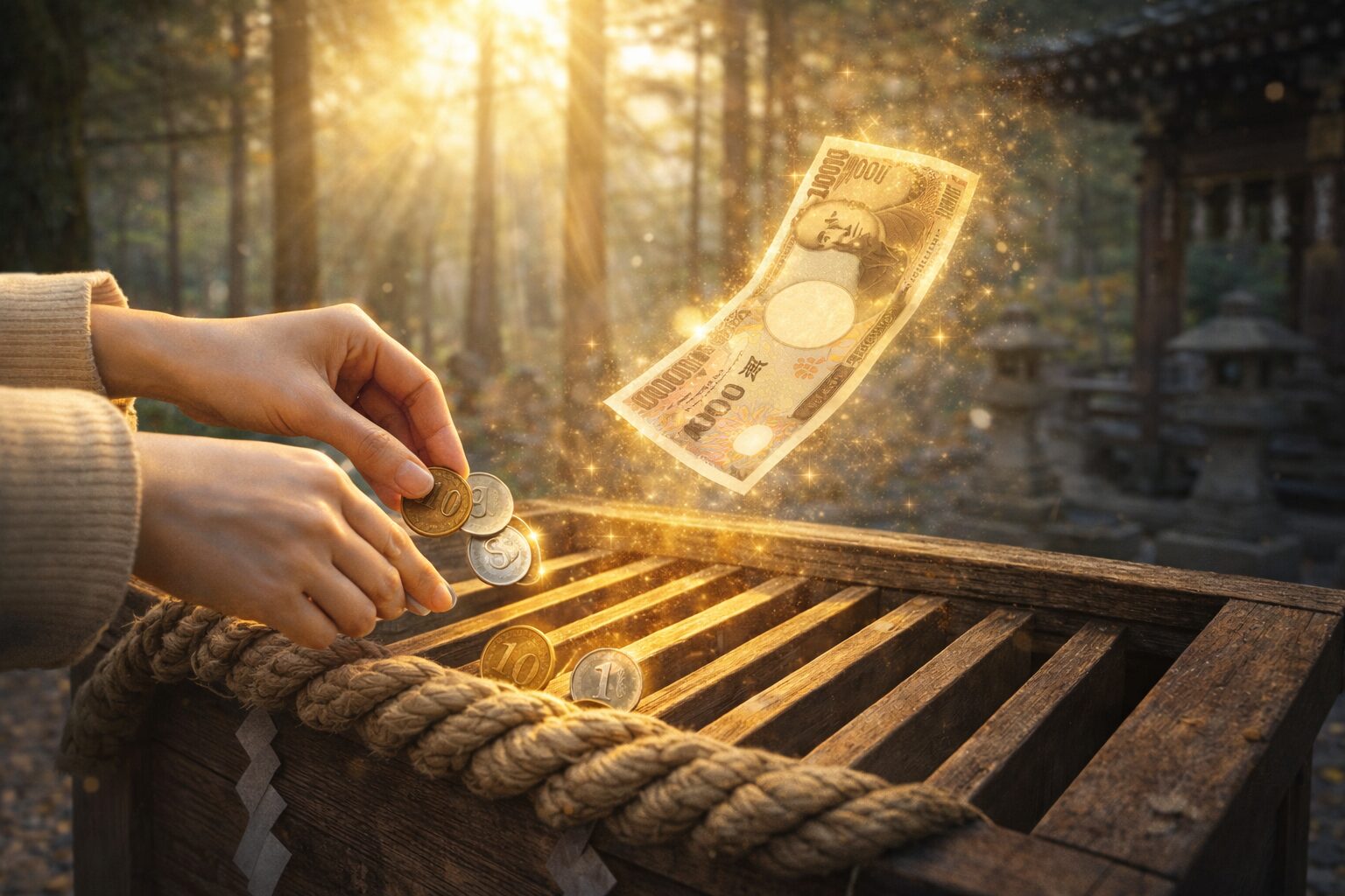 神社の賽銭箱に、女性が10円玉2枚と1円玉を入れる瞬間を捉え、光のように1万円札が立ち上る復縁祈願のイメージ写真