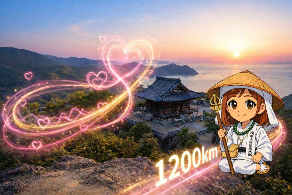 四国お遍路の旅で伝統的な白衣をまとい、朝日に照らされた寺院を見下ろす女性。 彼女の周りには恋愛運や波動の高まりを象徴するピンクのハートの光が渦巻き、足元には1200kmの光る道が続いています。