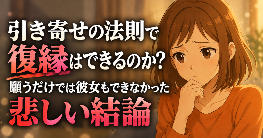 引き寄せの法則で復縁はできるのか？願うだけでは恋愛が叶わなかった悲しい結論をテーマに、不安げな表情で考え込む女性を描いたイラスト。