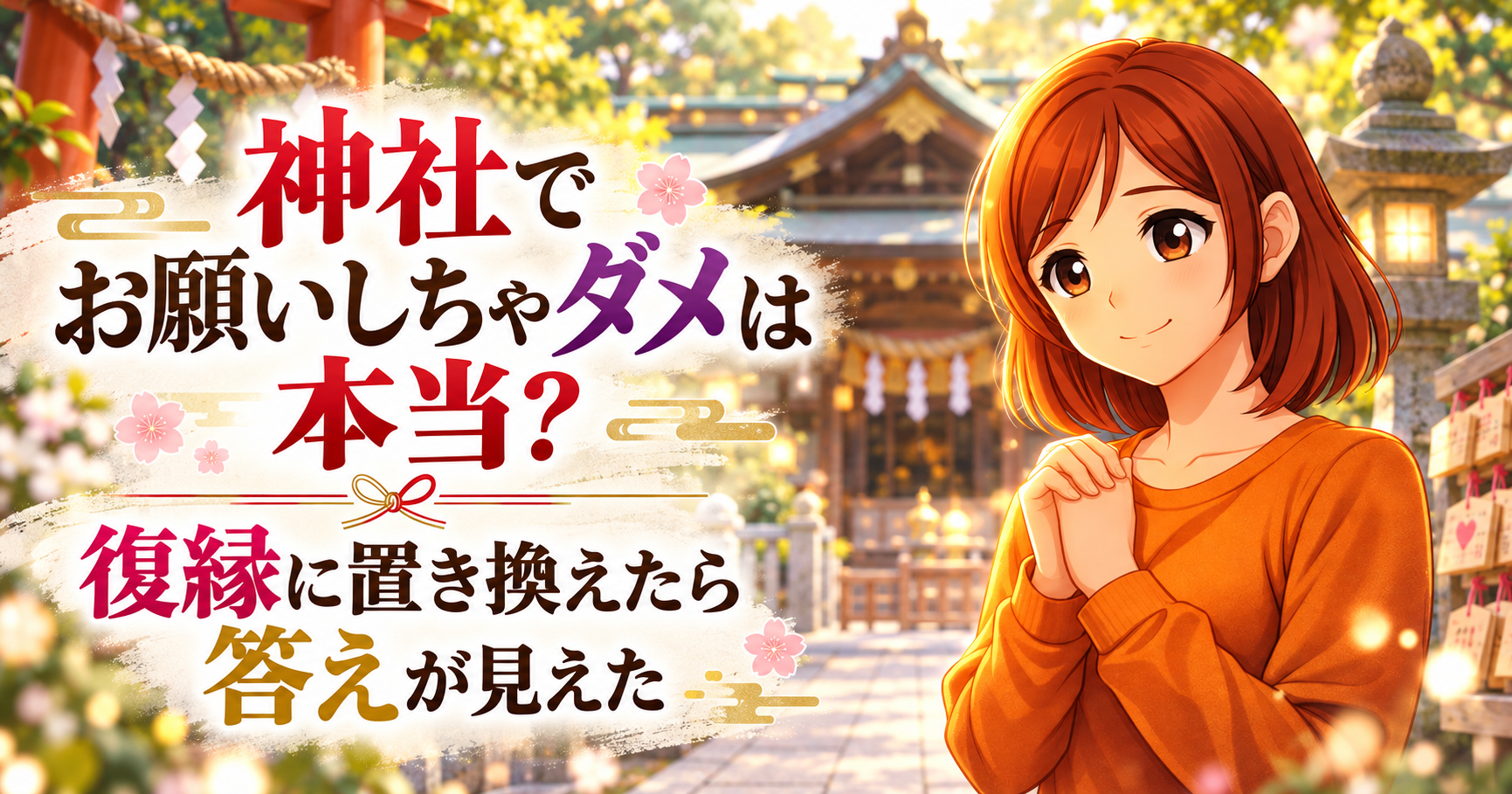 神社でお願いしちゃダメは本当?復縁への願い方を考える記事のアイキャッチ画像。神社を背景に手を合わせる女性のイラスト。